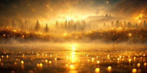 Fototapeta premium Magical Golden Sunset over Misty Forest Lake with Bokeh Lights