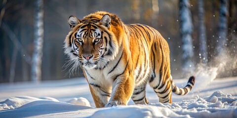 Majestic Siberian Tiger Walking Through Snowy Forest