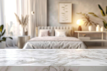 Empty marble table in front of blurred bedroom interior, product display mockup