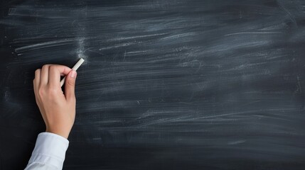 Dynamic image of a blackboard during a lesson, with a teacher's hand holding chalk, writing important educational concepts, an eraser nearby