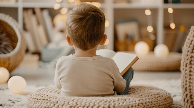 Cozy reading corner in a classroom, children absorbed in books, warm lighting, inviting environment, promoting love for reading and learning