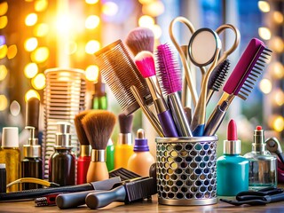 Vibrant collage of cosmetology procedure images featuring makeup brushes, scissors, hair dryers, and beauty products against a blurred background of salon equipment and tools.