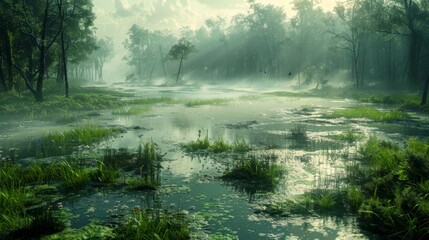 Fototapeta premium Polluted marshes, bogs, and swamps with visible contamination