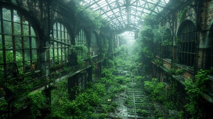 Ruins of old factories, overgrown and polluted with industrial waste 