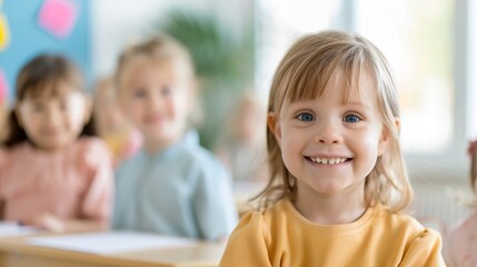 Fototapeta premium Vibrant classroom scene with enthusiastic children and a smiling teacher, students engaged in interactive learning activities, colorful and inviting atmosphere