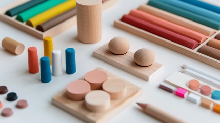 Naklejka premium Engaging educational kit with diverse resources and items for learning, displayed in a visually appealing and organized manner, vibrant visuals