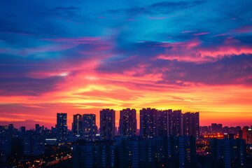Fototapeta premium Cityscape at Sunset with Dramatic Sky