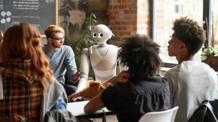 A group of students are engaging with a futuristic humanoid robot in a classroom, discussing advancements in technology AIG62