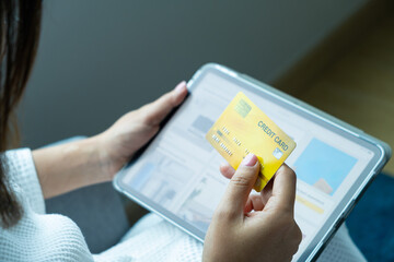 woman several credit cards and he is choosing a credit card to pay and spend Payment for goods via credit card. Finance and banking concept