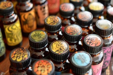 Assortment of Essential Oils in Bottles with Intricate Labels