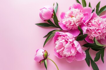 A beautiful bouquet of pink peonies with green leaves arranged on a light pink background