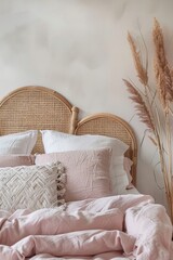 Wicker bed with pink pillows in a modern bedroom interior