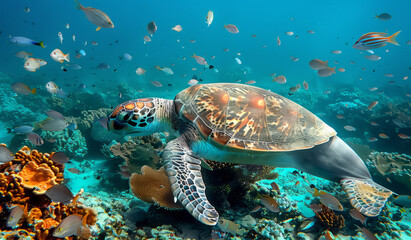 Fototapeta premium Sea Turtle Gracefully Navigates a Coral Reef