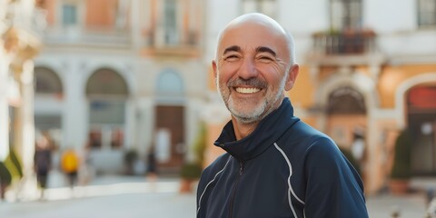 Naklejka premium Mature man in tracksuit smiling in medium shot against city square. Concept Portrait Photography, Cityscape Background, Casual Style, Mature Model, Medium Shot