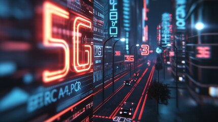 Fototapeta premium Futuristic cityscape with 5G digital technology, neon lights, and smart city concepts. Advanced urban infrastructure and technological innovation.
