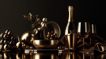 Luxurious festive still life with golden decorations, champagne bottle, and glasses. Perfect for holiday celebration themes.