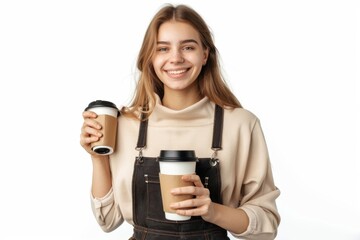 Cheerful barista holding a portable coffee cup