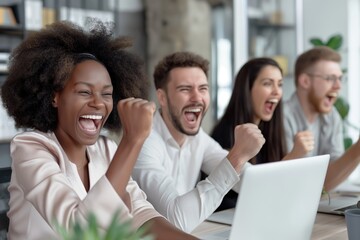 Obraz premium Excited Business Team Celebrates Success at Workplace