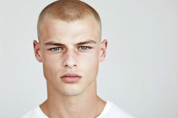 Obraz premium Confident Young Man with Short Hair and Piercing Gaze Studio Portrait