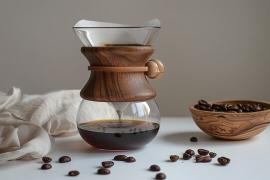 Coffee Brewing Process with Wooden Pour Over Dripper - Powered by Adobe
