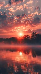 Fototapeta premium Stunning sunset over a tranquil lake with vibrant red, orange, and pink hues. Perfect for nature, landscape, and travel photography.