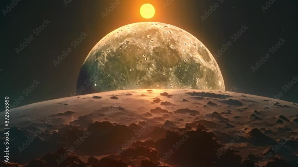 Poster This digital rendering of a moon with a large sun above it. Space background