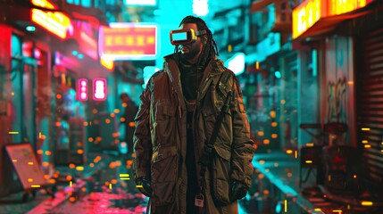 Obraz premium Create a portrait of a cyberpunk detective, wearing a long coat and augmented reality glasses, standing in front of a crime scene filled with holographic evidence markers.