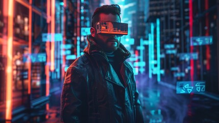 Obraz premium Create a portrait of a cyberpunk detective, wearing a long coat and augmented reality glasses, standing in front of a crime scene filled with holographic evidence markers.