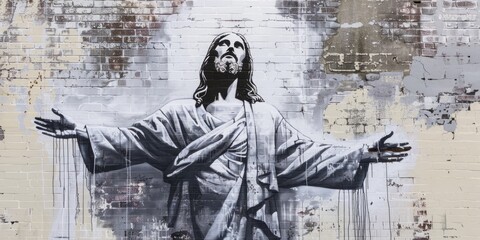 Graffiti of Jesus Christ on brick wall background. Street art.