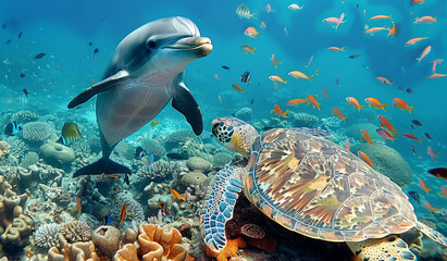 Dolphin and Sea Turtle Encounter in a Coral Reef