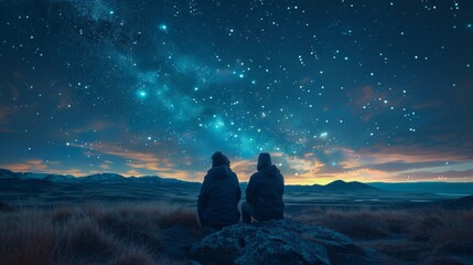 Fototapeta premium Stargazers under a clear night sky, observing stars or Northern Lights in a remote location, conveying the beauty of astronomy and night-time adventures