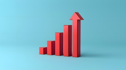 Red 3D bar chart with an upward arrow on a blue background, representing business growth, progress, and success.
