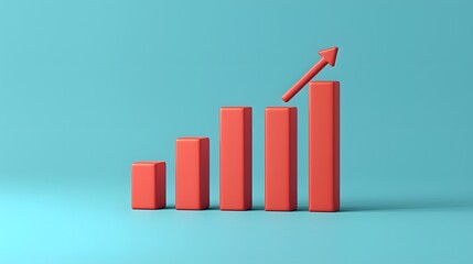 Red bar chart with arrow on blue background showing growth and success in business, finance, and data analysis. 3D Illustration.