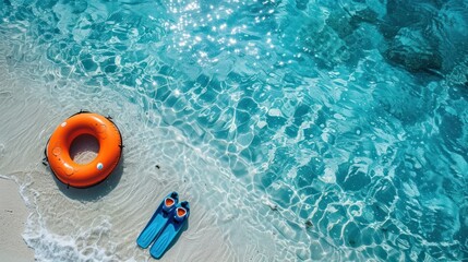Obraz premium Aerial View of Snorkeling Gear and Inflatable Ring on a Tropical Beach with Turquoise Water. Summer Vacation and Holiday Concept.