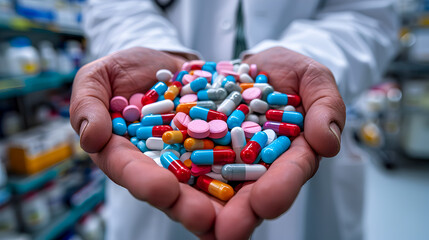 Hands Protectively Holding a Pile of Prescription Medications the Pills in a Carefully Composed Arrangement Blurred Medical Instruments in the Background High Contrast Lighting