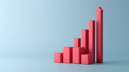 Red bar graph chart on a blue background, representing growth and progress in business or data analysis. 3D Illustration.