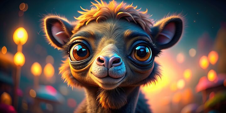 Adorable anthropomorphic black baby camel with oversized expressive eyes, vibrant animations, and exaggerated features, set against a stylish vibrant background, in stunning 8K resolution.