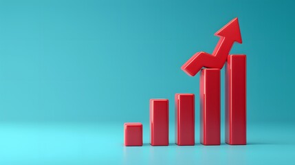 Red bar graph with upward arrow indicating growth and progress on a blue background, representing success and positive trend. 3D Illustration.