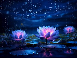 At night, when it rains, fluorescent lotuses bloom on a magical pond