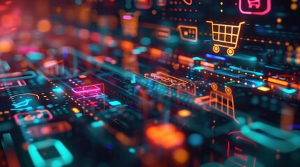 Obraz premium Futuristic E-commerce Concept. Glowing icons of shopping carts, online payments, and digital marketing represent online shopping and digital marketplace