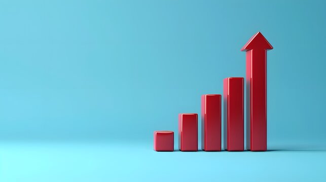 Red upward bar graph on a blue background, symbolizing growth, success, and positive financial trend in business or marketing concept. 3D Illustration.