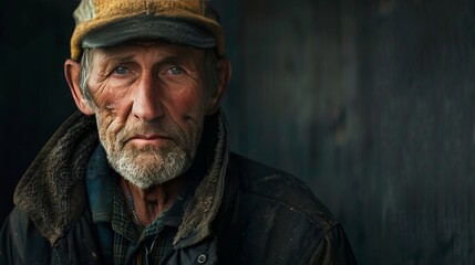Create a solemn portrait of a fisherman, his weathered face reflecting years of hard work, standing against a dark, moody background that highlights his resilience and connection to the sea.