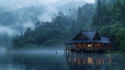 Fototapeta premium Traditional house on lake surrounded by pine forest in rain