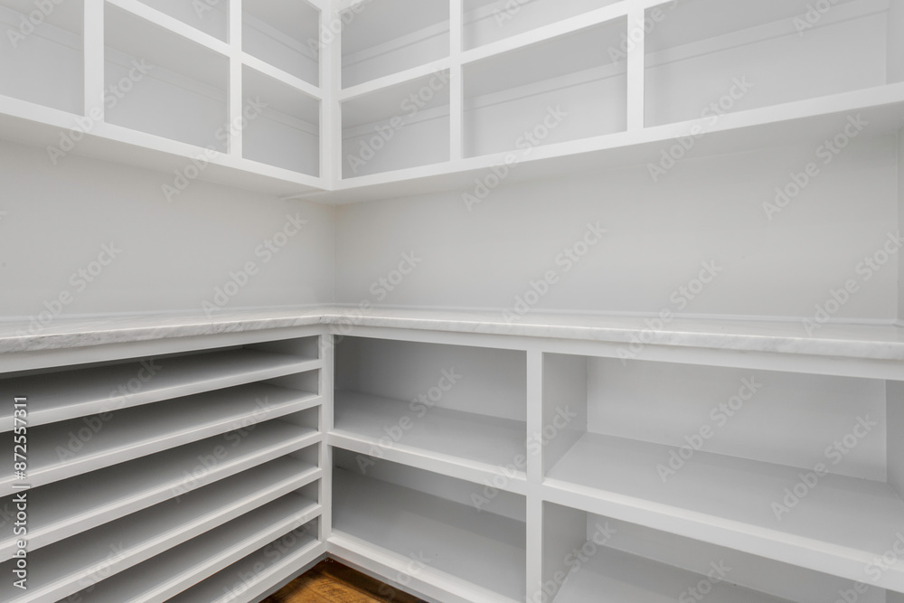 Wall mural empty walk-in pantry with white shelving and wooden flooring, well-organized