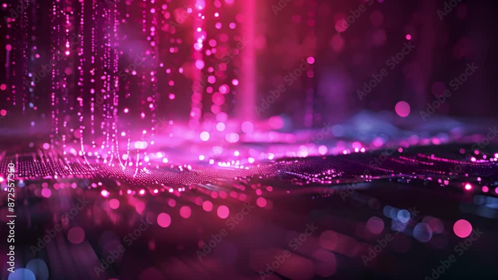 Poster a close-up image of a digital abstract landscape with pink and blue lights, creating a dreamy and fu