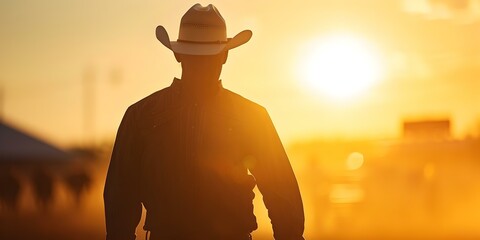 Cowboy Silhouette at Small Town Rodeo During Sunset. Concept Rodeo Photography, Sunset Silhouette, Cowboy Culture, Small Town Life, Western Lifestyle