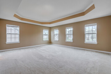 Spacious Empty Primary Bedroom With Tray Ceiling And Multiple Bright Windows