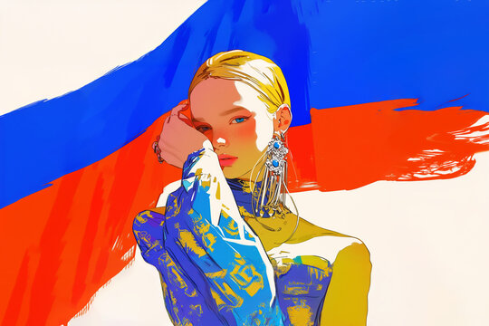 Femme blonde les cheveux tir&eacute;s en arri&egrave;re, boucles d'oreille pendantes, dans une tenue chamarr&eacute;e bleue et jaune, devant un drapeau russe stylis&eacute; blanc bleu et rouge