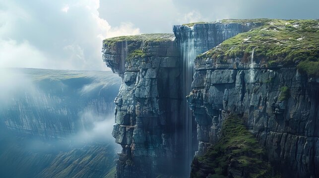 A waterfall is falling down a cliff.
