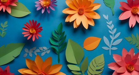 Paper cut flowers on blue background 
